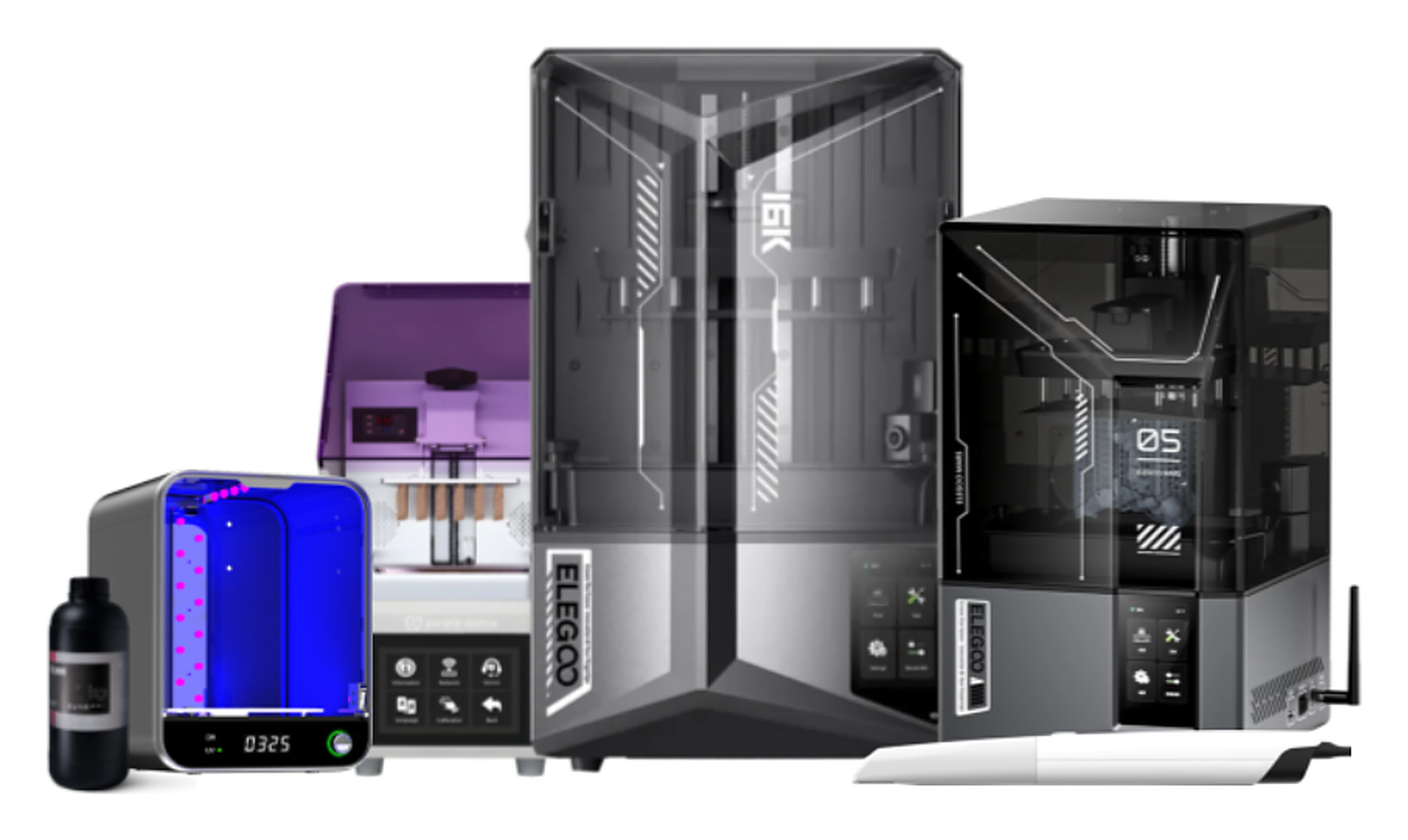 QastRay equipment: Panda Smart intraoral scanner, Elegoo 3D printers, Roket cure box, ultrasonic cleaner and resin